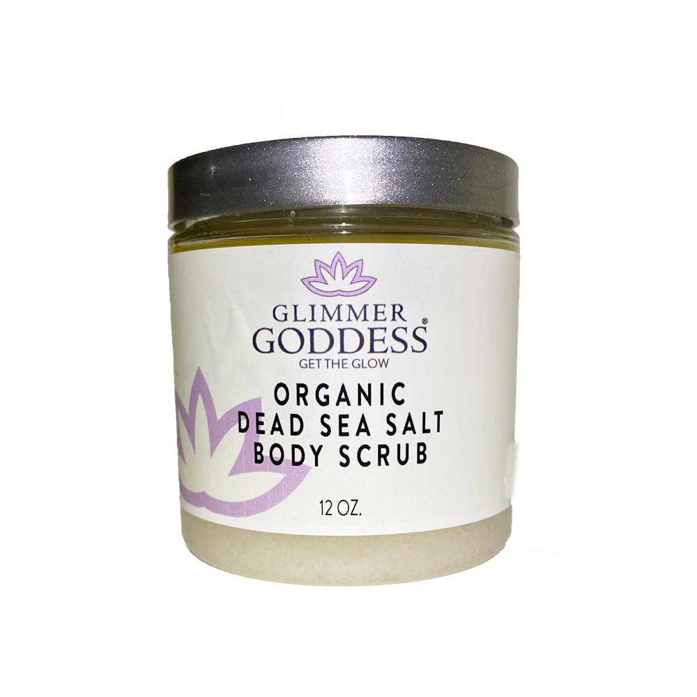 Jar of Organic Coffee Body Scrub with Dead Sea Salt & Shea Butter, labeled with purple and green graphics, against a white background.