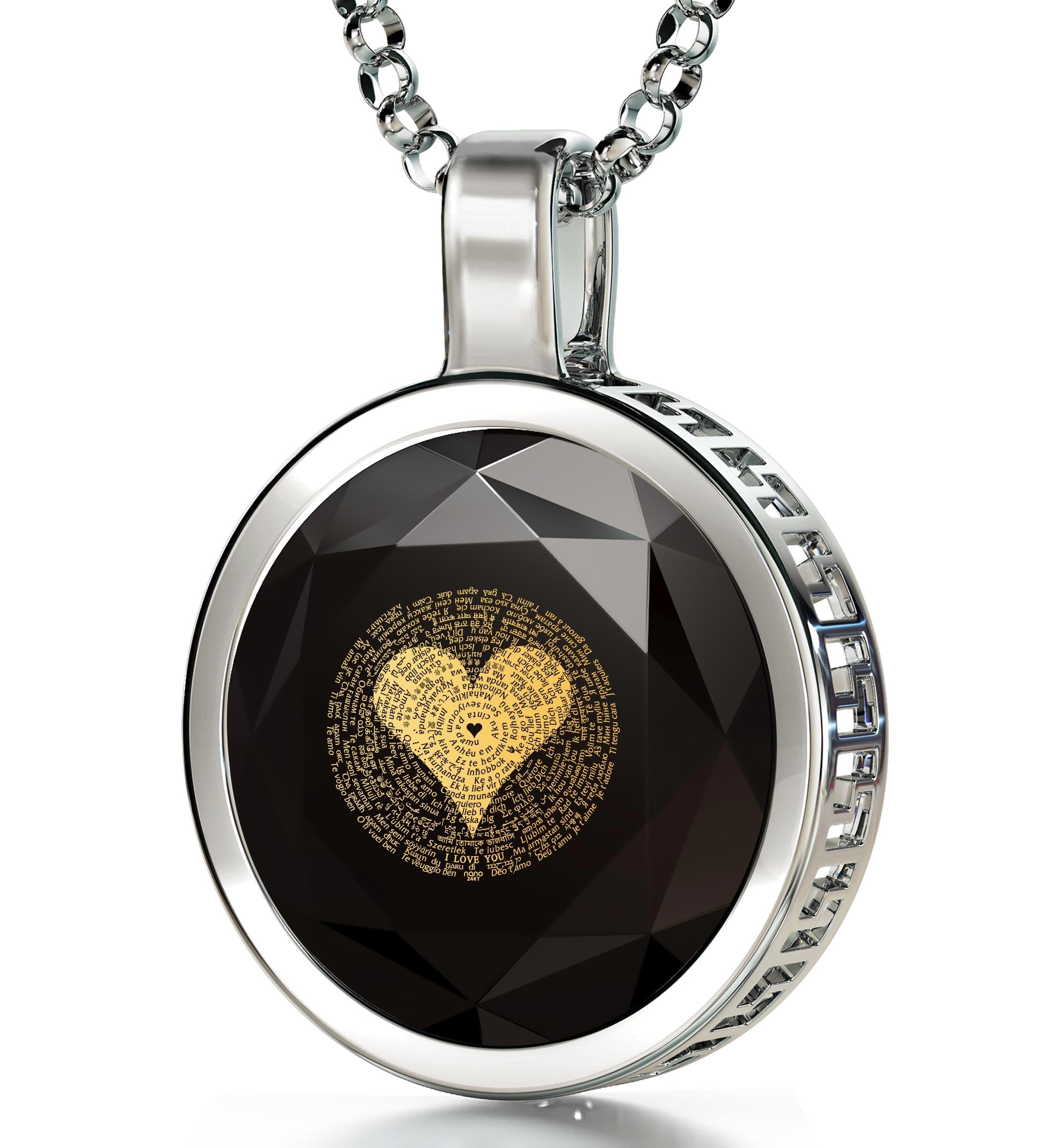 Close-up of a pin with a multifaceted 925 Sterling Silver I Love You Necklace 24k Gold Inscribed 120 Languages pendant design featuring a central heart made of word art within a circular frame.