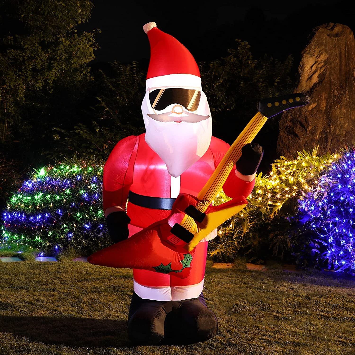 7 FT Christmas Inflatable Santa Claus with Bass Guitar, Blow up Santa Wearing Sunglasses, Unique Lighted Xmas Decorations for Indoor Outdoor Yard Garden Lawn Holiday Party Decor