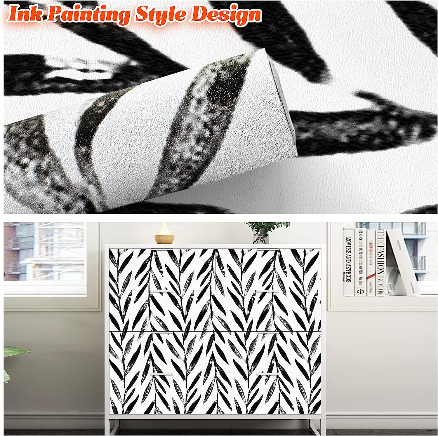 Black and White Peel and Stick Wallpaper Leaf Contact Paper 17.7 Inch × 118.1 Inch for Bathroom Self Adhesive Decorative Wall Paper