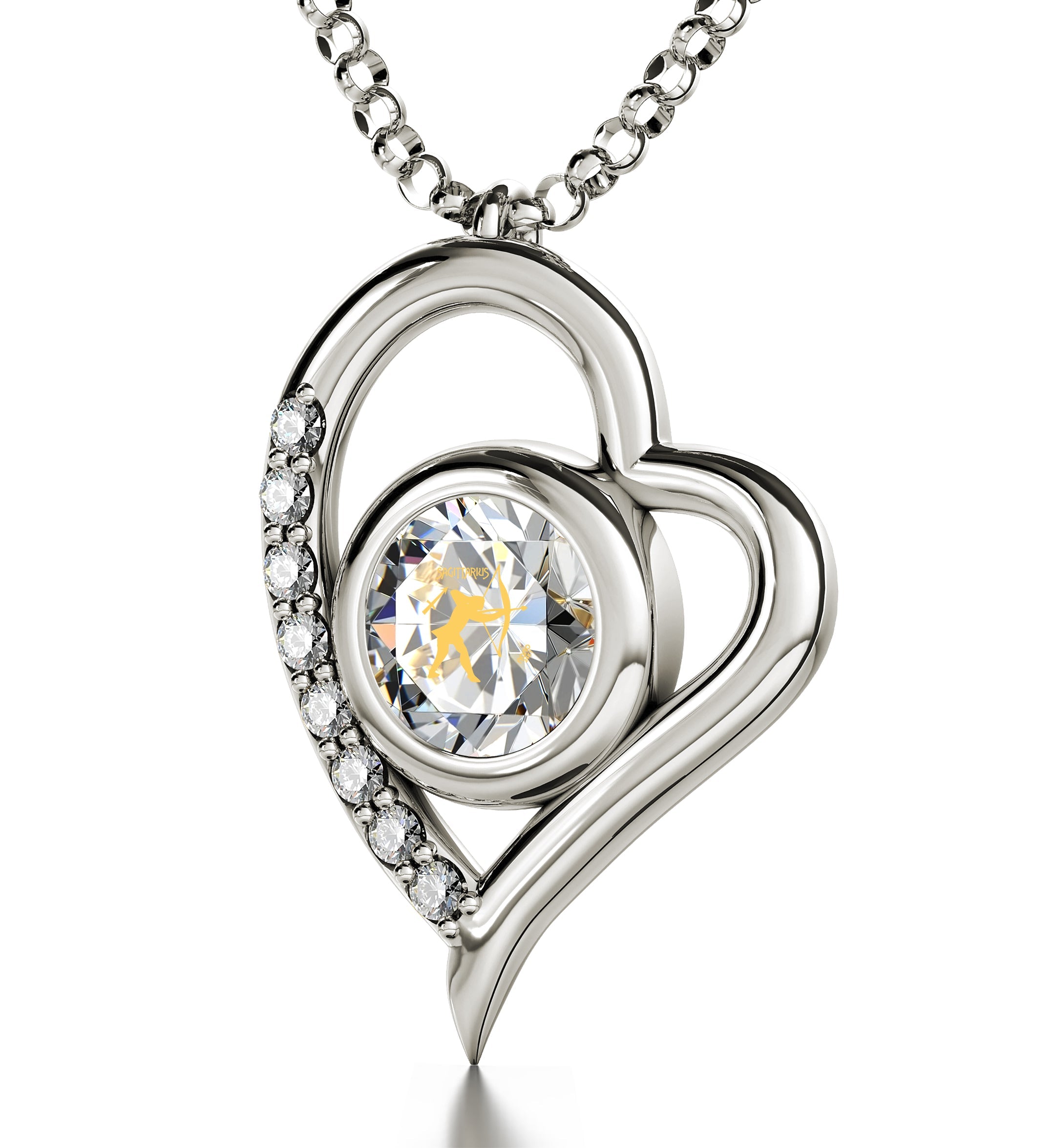 A 925 Sterling Silver Sagittarius Necklace Zodiac Heart Pendant with rhinestone embellishments, displayed against a white background.