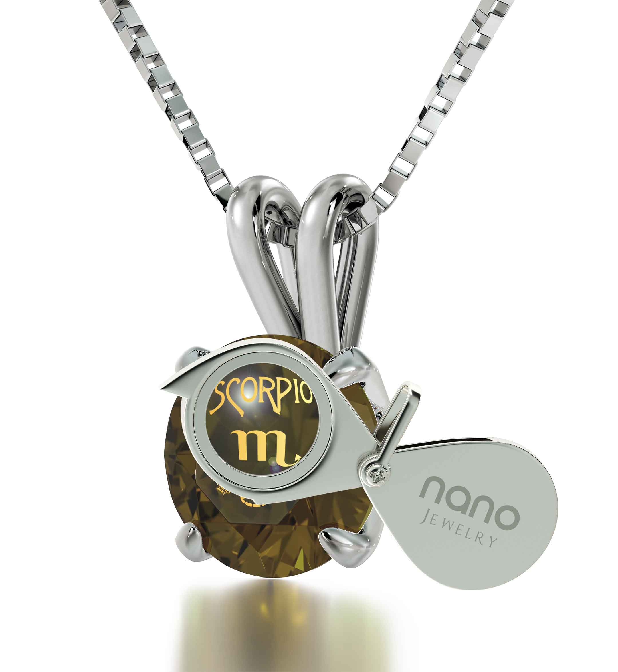 925 Sterling Silver Scorpio Necklace Zodiac Pendant with a Swarovski Crystal, attached to a sterling silver chain, featuring a small tag engraved with 'nano jewelry'.
