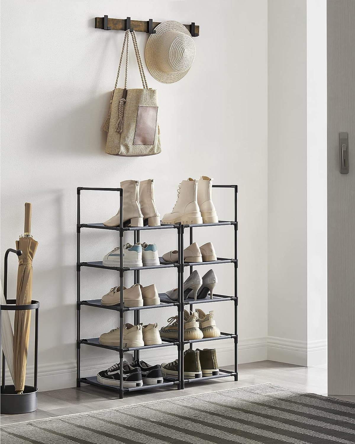 Shoe Rack, 10 Tier Shoe Shelf, Shoe Storage Organizer, Space-Saving, 13 X 13 X 68.1 Inches, Metal Frame, Non-Woven Fabric Shelves, for Entryway, Bedroom, Grey ULSR110G01