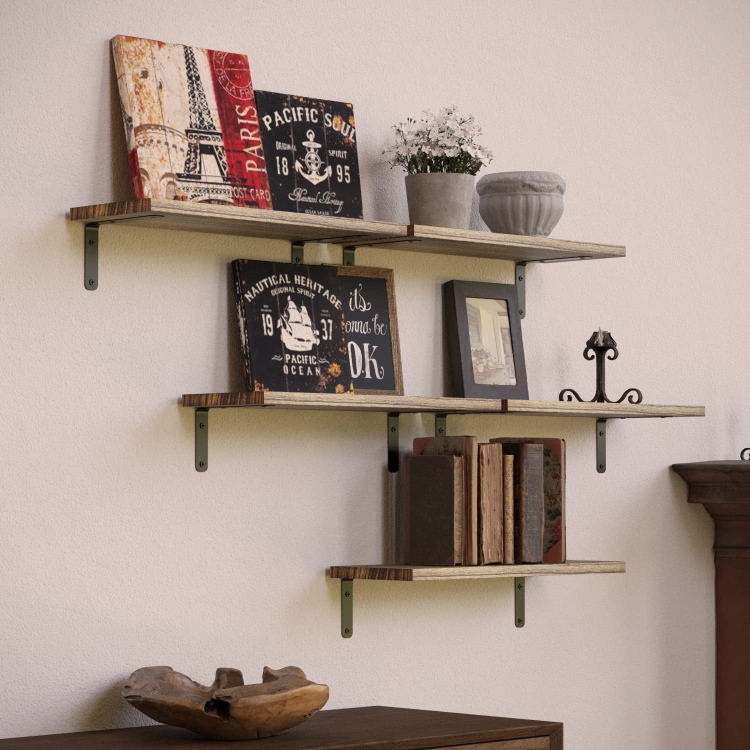 Rustic Wood Shelves Set of 5, Farmhouse Style Floating Shelf for Wall Décor, Hanging Shelves Forbathroom, Bedroom, Storage, Kitchen, Living Room - Carbonized Black