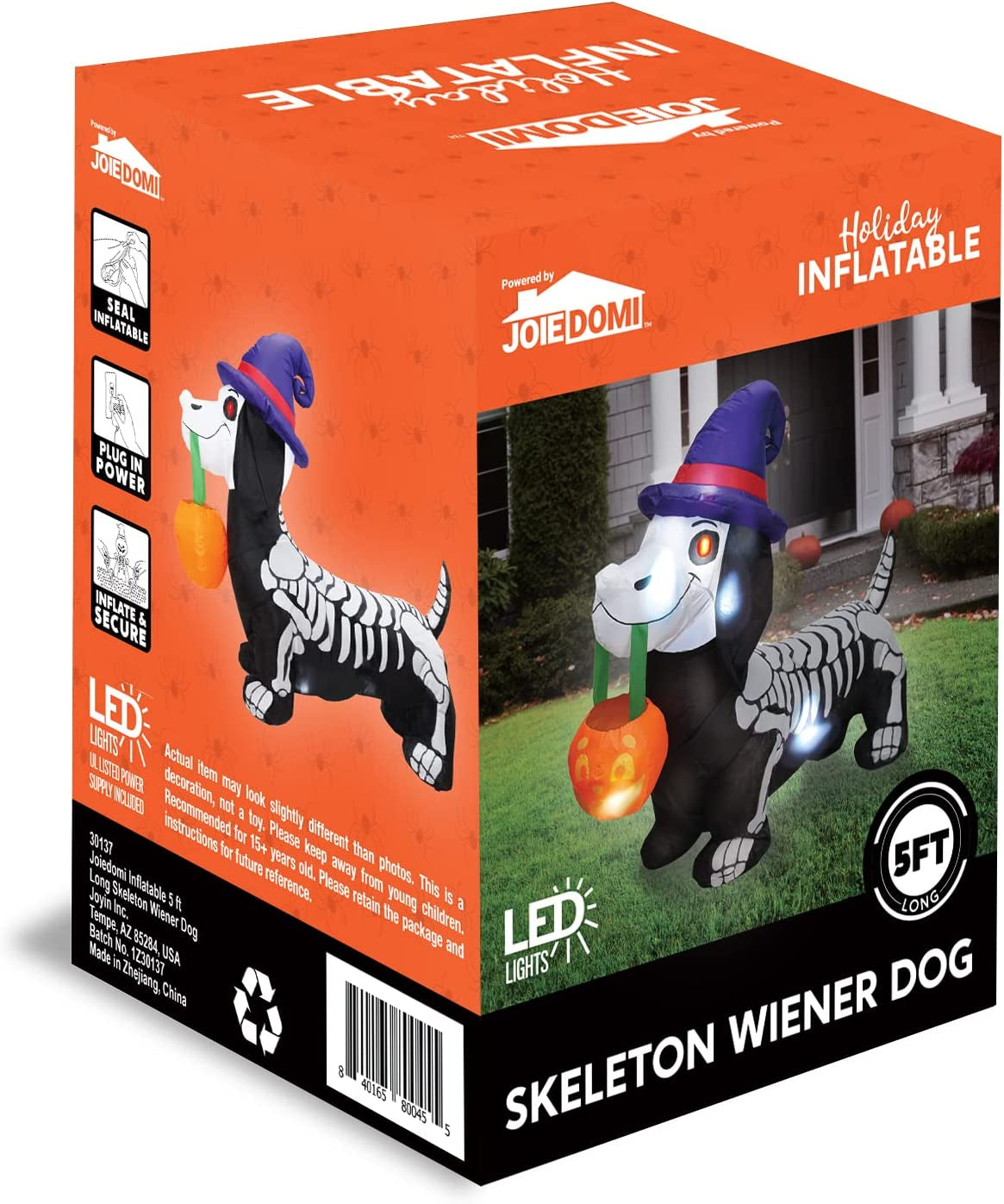 Joiedomi 5 FT Long Halloween Inflatable Skeleton Wiener Dog Inflatable Yard Decoration with Build-In Leds Blow up Inflatables Pumpkin for Halloween Party Indoor, Outdoor, Yard, Garden, Lawn Decoration