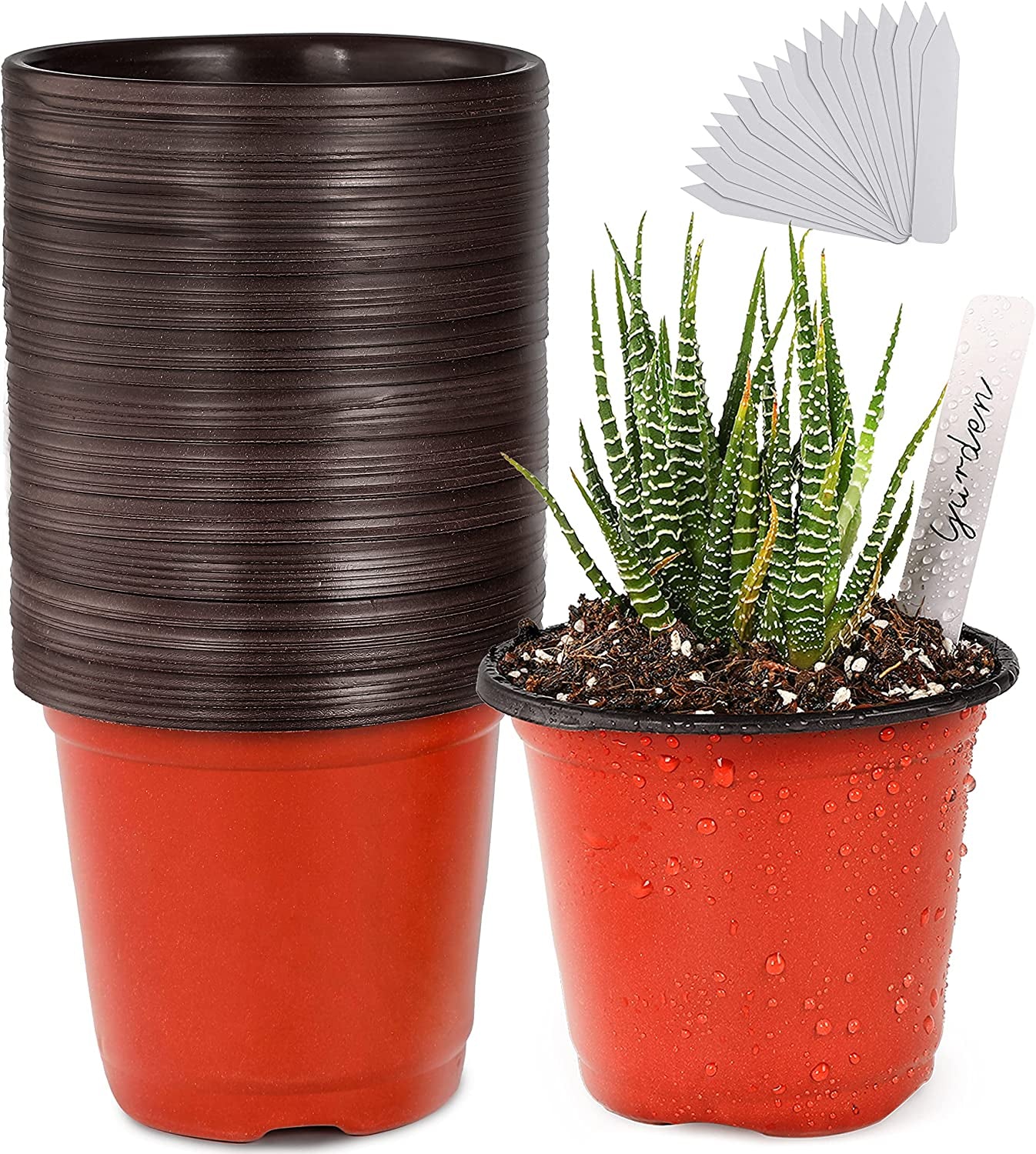 4" Small Plastic Plant Nursery Pot/Pots (100Pcs) Seedlings Flower Plant Container (Red) Seed Starting Pots Indoor Outdoor, Come with 100Pcs Plant Labels