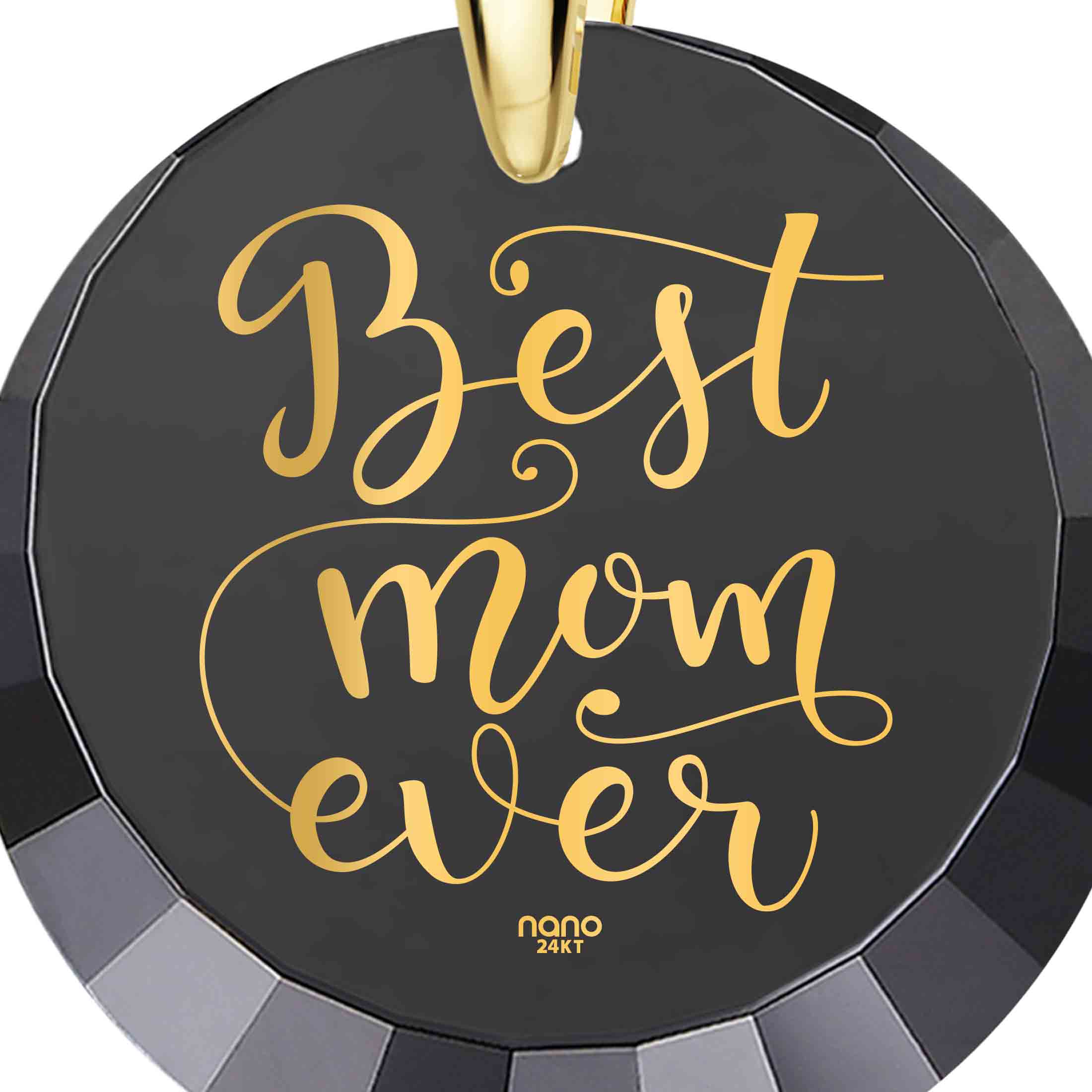 Sterling silver and gold pendant necklace with inscribed black disk reading "Best Mom Gold Plated Silver Necklace 24k Gold Inscribed - Mother's Birthday Gift" and a small gray tag marked "nano".