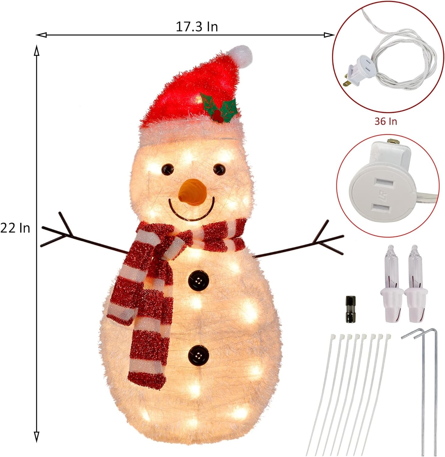 22 Inch Lighted Christmas Tinsel Snowman Decorations, Pre-Lit Light up with 25 Count Clear Incandescent Lights, Indoor or Outdoor Garden Yard Lawn Festive Holiday Decoration
