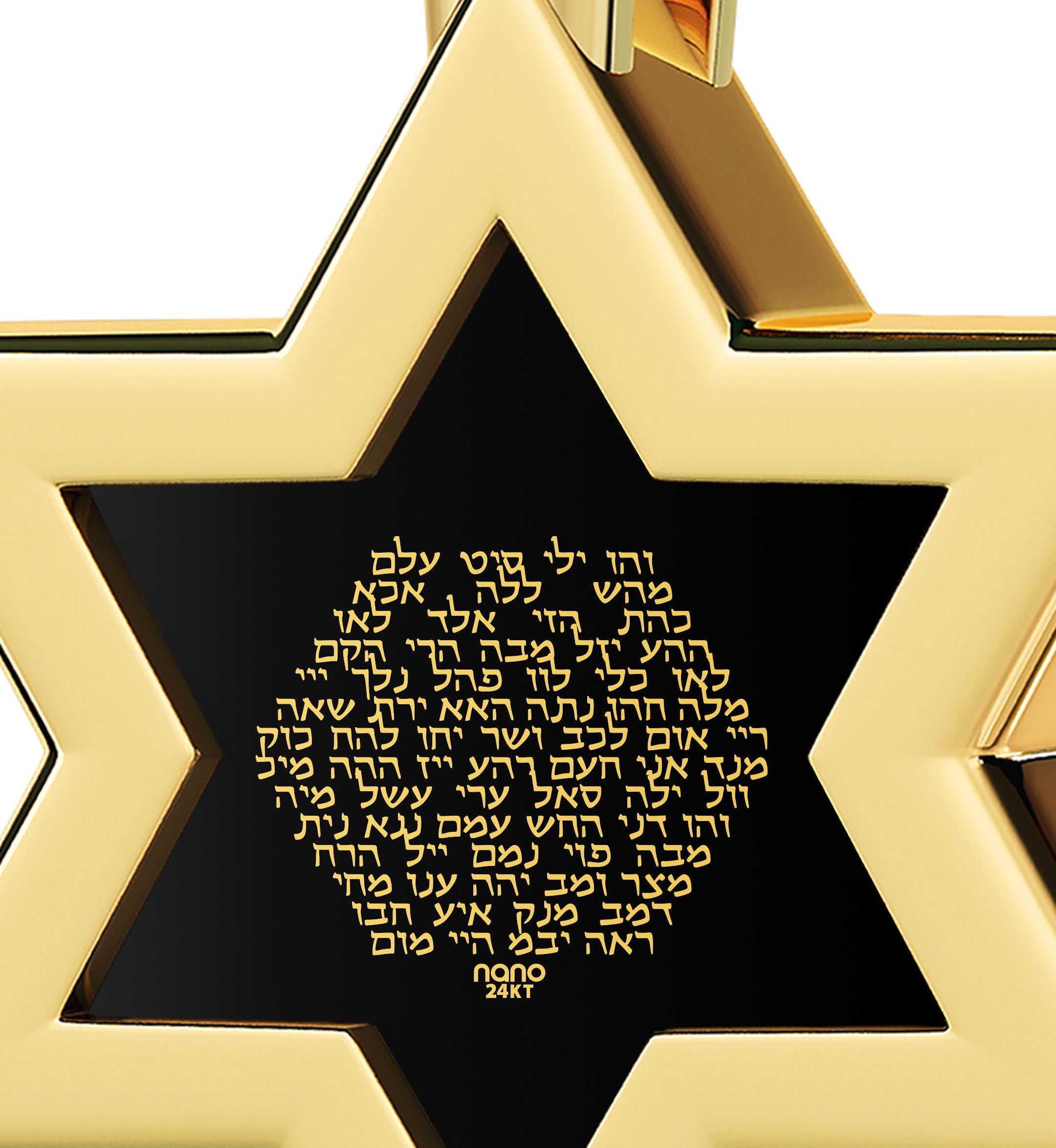 Close-up of a Men's Kabbalah Necklace 72 Names Pendant 24k Gold Inscribed on Onyx Stone set against a black background.