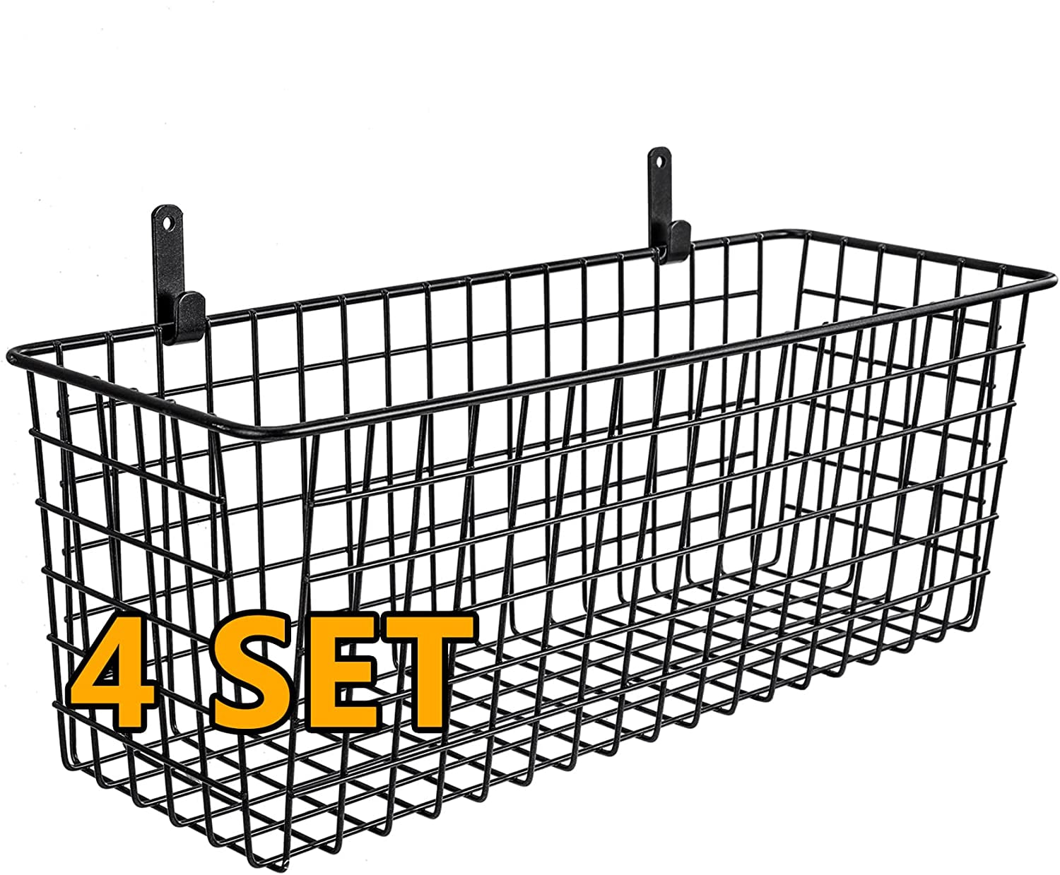 4 Set [Extra Large] Hanging Wall Basket for Storage, Wall Mount Sturdy Steel Wire Baskets, Metal Hang Cabinet Bin Wall Shelves, Rustic Farmhouse Decor, Kitchen Bathroom Organizer, Black