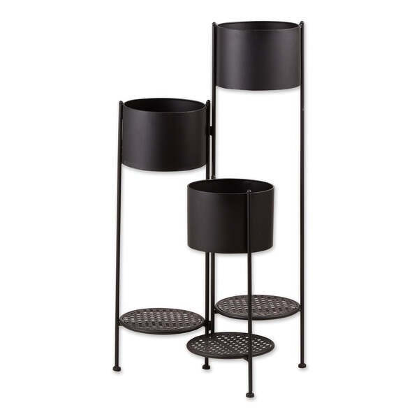 Summerfield Terrace Three-Tier Matte Black Metal Plant Stand on a white background.