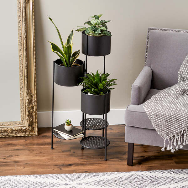 Summerfield Terrace Three-Tier Matte Black Metal Plant Stand on a white background.