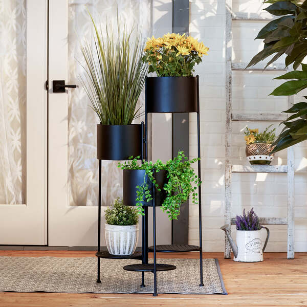 Summerfield Terrace Three-Tier Matte Black Metal Plant Stand on a white background.