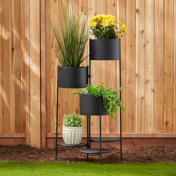 Summerfield Terrace Three-Tier Matte Black Metal Plant Stand on a white background.