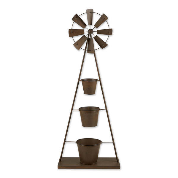 A Summerfield Terrace Metal Windmill Plant Stand with three pots and a windmill.