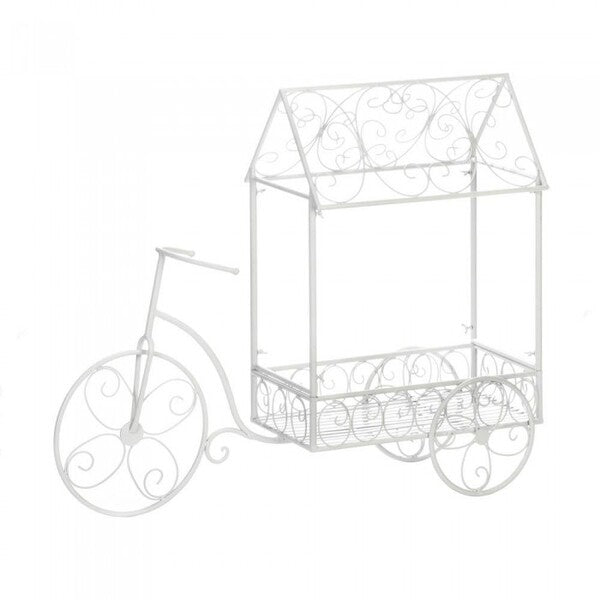 A Summerfield Terrace White Iron Tricycle Plant Cart with a white house on it.