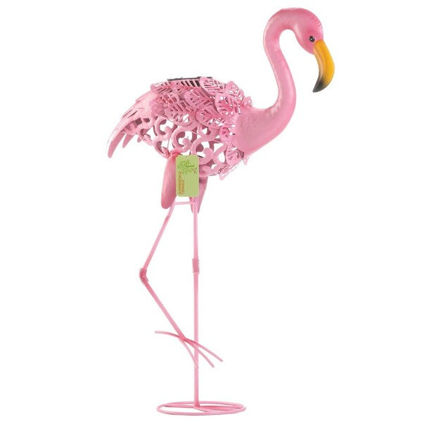 A Summerfield Terrace Solar Lighted Flamingo Yard Art - Leaning standing on a white background.