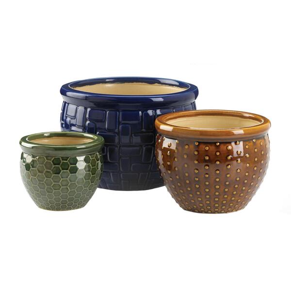 A Summerfield Terrace Embossed Multi-Color Ceramic Planter Set on a white background.