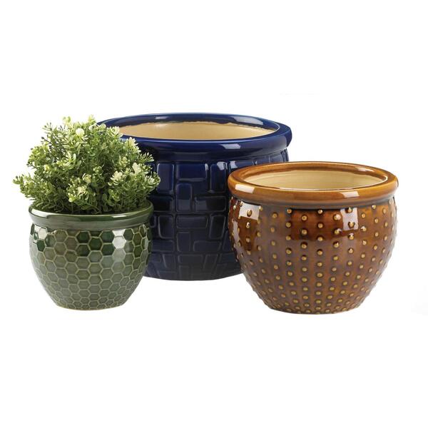 A Summerfield Terrace Embossed Multi-Color Ceramic Planter Set on a white background.