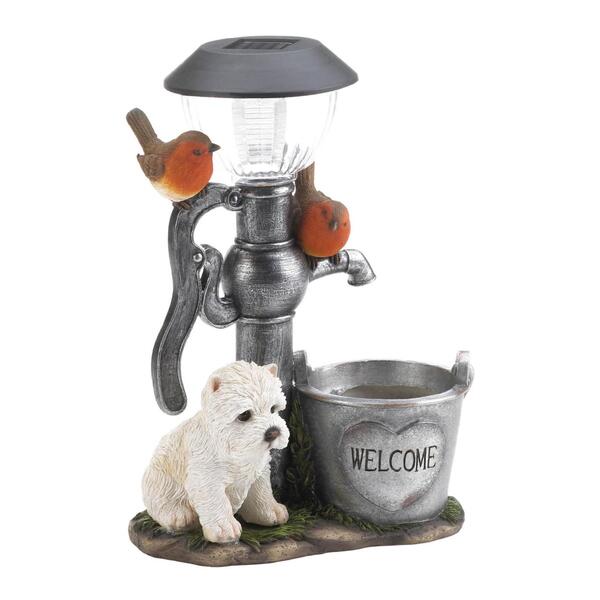 A Summerfield Terrace Terrier Puppy with Birds Solar Garden Light with Flower Pot and bird sitting on a watering can.