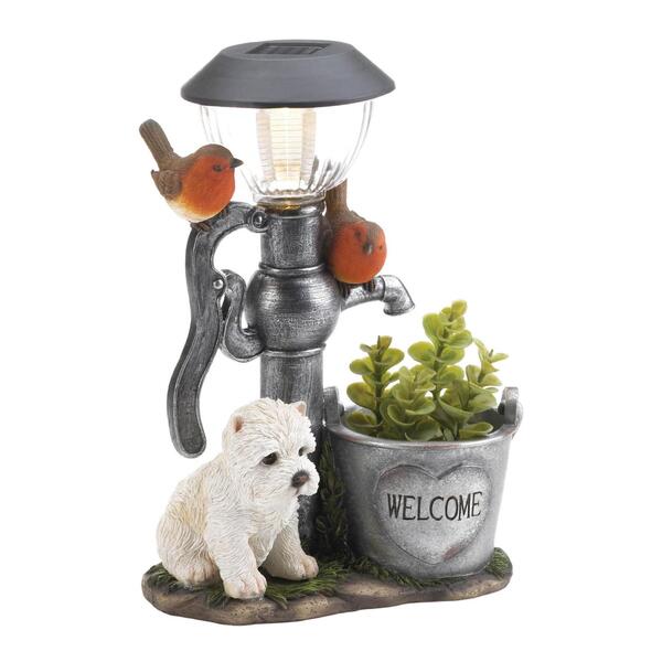 A Summerfield Terrace Terrier Puppy with Birds Solar Garden Light with Flower Pot and bird sitting on a watering can.