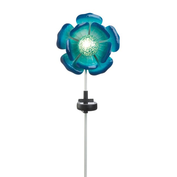 A Summerfield Terrace Solar Lighted Garden Stake - Blue Flower on a stand with a white background.