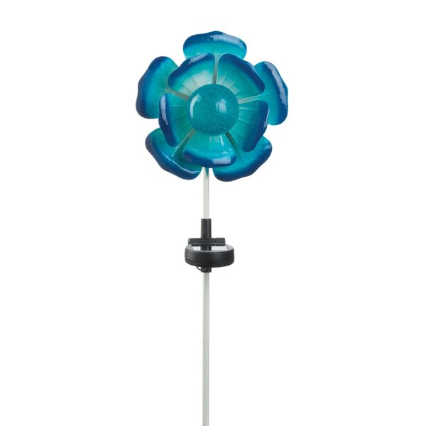 A Summerfield Terrace Solar Lighted Garden Stake - Blue Flower on a stand with a white background.