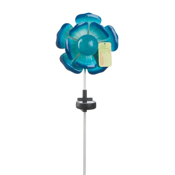 A Summerfield Terrace Solar Lighted Garden Stake - Blue Flower on a stand with a white background.