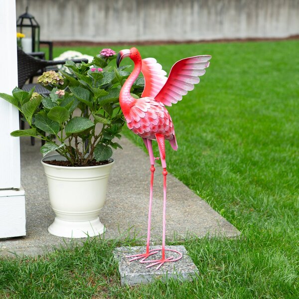 A Summerfield Terrace Flying Flamingo Metal Garden Decor Head Up - 27.5 inches standing on a white background.