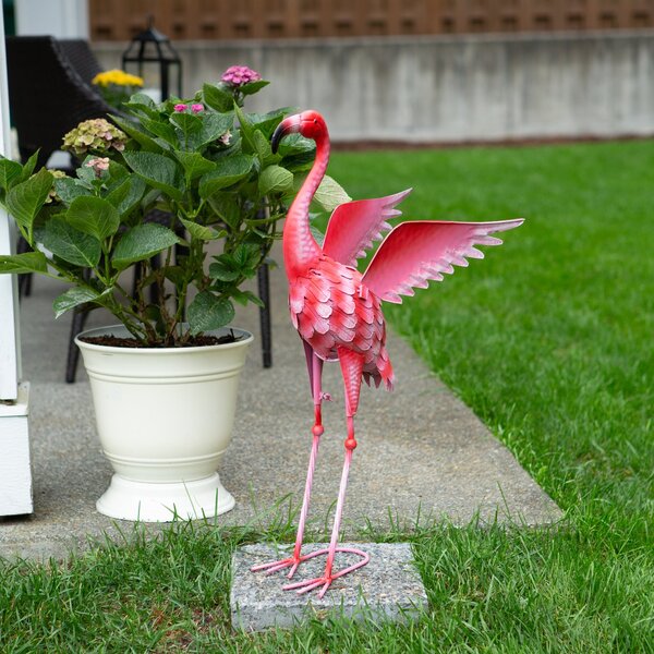 A Summerfield Terrace Flying Flamingo Metal Garden Decor - 34 inches standing on a white background.