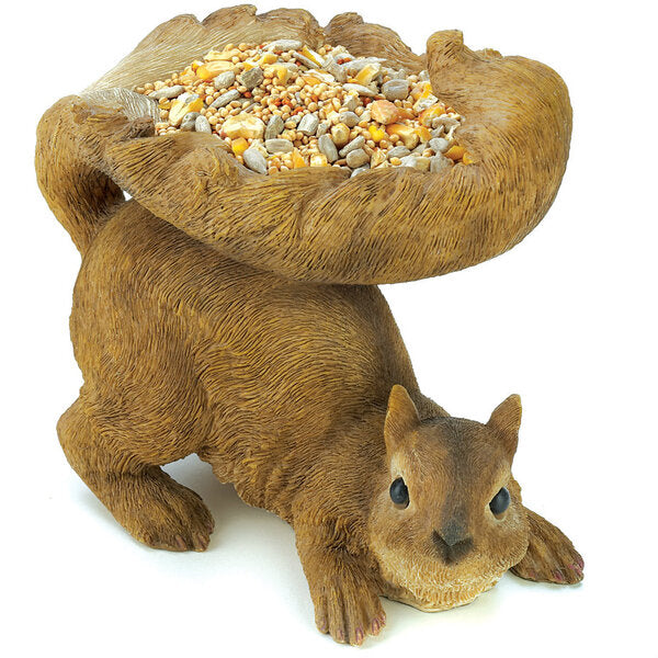 A Songbird Valley Squirrel's Tail Bird Feeder with a bag of seeds on its back.