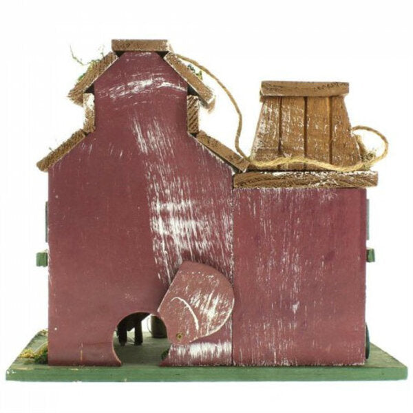 A Songbird Valley Feed and Grain Farmhouse Bird House with a red barn and a tractor.