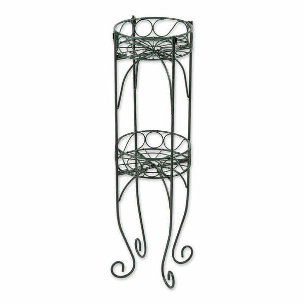 A Summerfield Terrace Scrolled Verdigris Two-Level Plant Stand with two tiers.