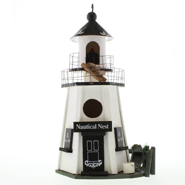 A Songbird Valley Nautical Nest Wood Lighthouse Bird House with a lighthouse on it.