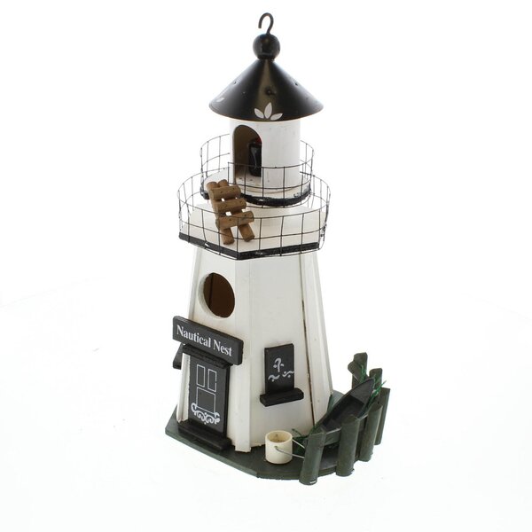 A Songbird Valley Nautical Nest Wood Lighthouse Bird House with a lighthouse on it.