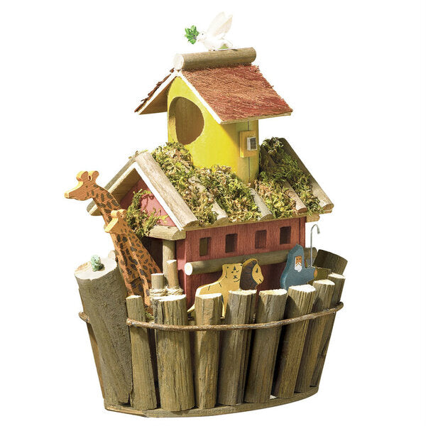 A Songbird Valley Noah's Ark Birdhouse with a giraffe in it.