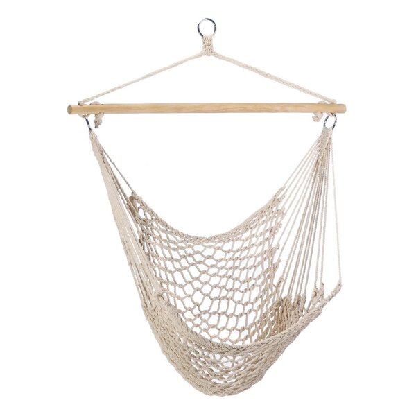 A Summerfield Terrace Recycled Cotton Swinging Hammock Chair hanging on a wooden frame.