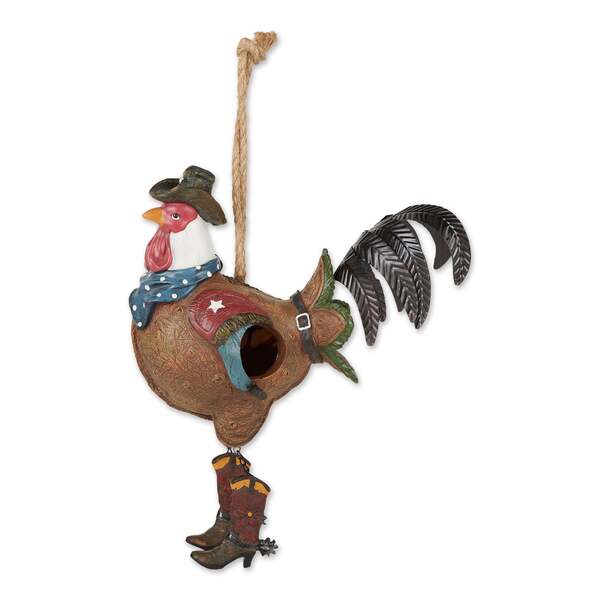 A Songbird Valley Rooster Cowboy Bird House hanging from a string.