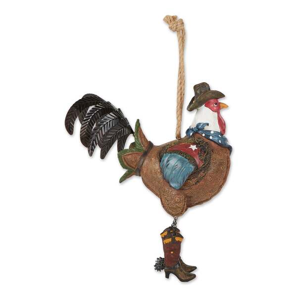 A Songbird Valley Rooster Cowboy Bird House hanging from a string.