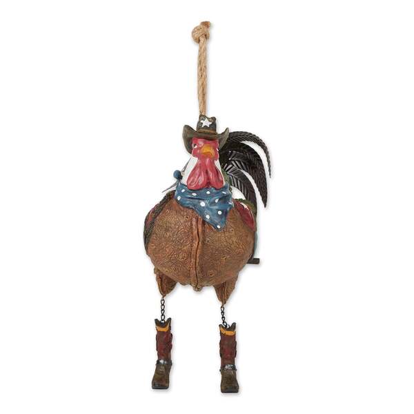 A Songbird Valley Rooster Cowboy Bird House hanging from a string.