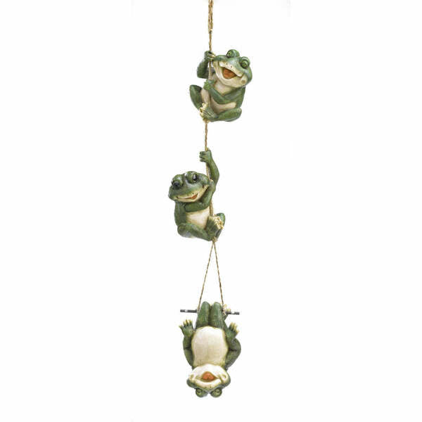 Three Summerfield Terrace Happy Frogs Hanging Decor hanging from a string on a white background.