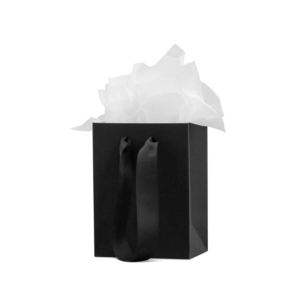A black Gift Bag Kit with a voluminous white tissue paper decoration and a matching black ribbon handle, designed for special gift wrapping, isolated on a white background.