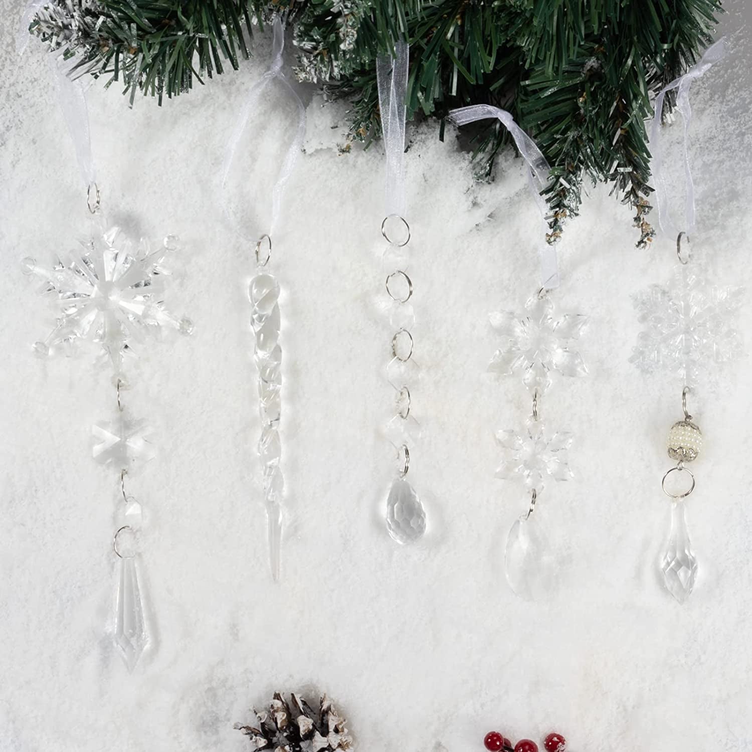 18Pcs Christmas Tree Decoration Crystal Ornaments - Hanging Acrylic Christmas Snowflake Icicle Drop Crystal Ornaments for Christmas Tree Winter New Year Party Supplies