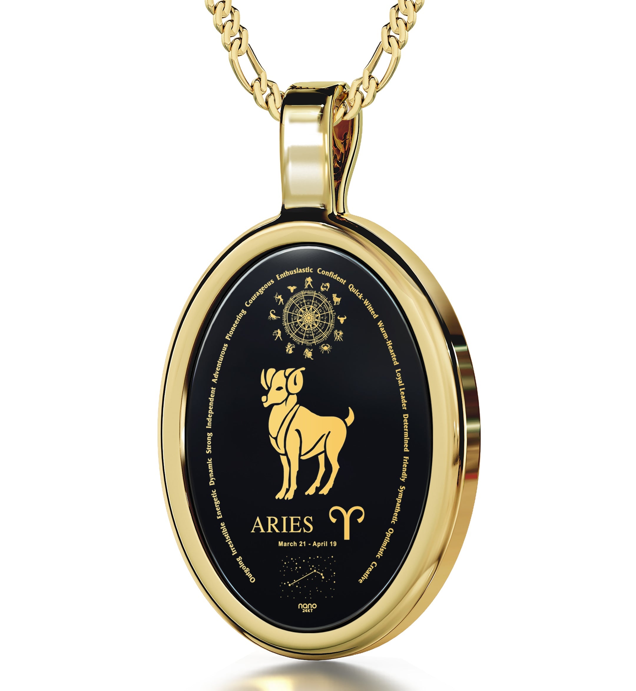 Round decorative pendant featuring the Aries Necklace Zodiac Pendant 24k Gold Inscribed on Onyx Stone with a golden ram, astrological symbol, and traits on a black onyx background surrounded by a silver frame.