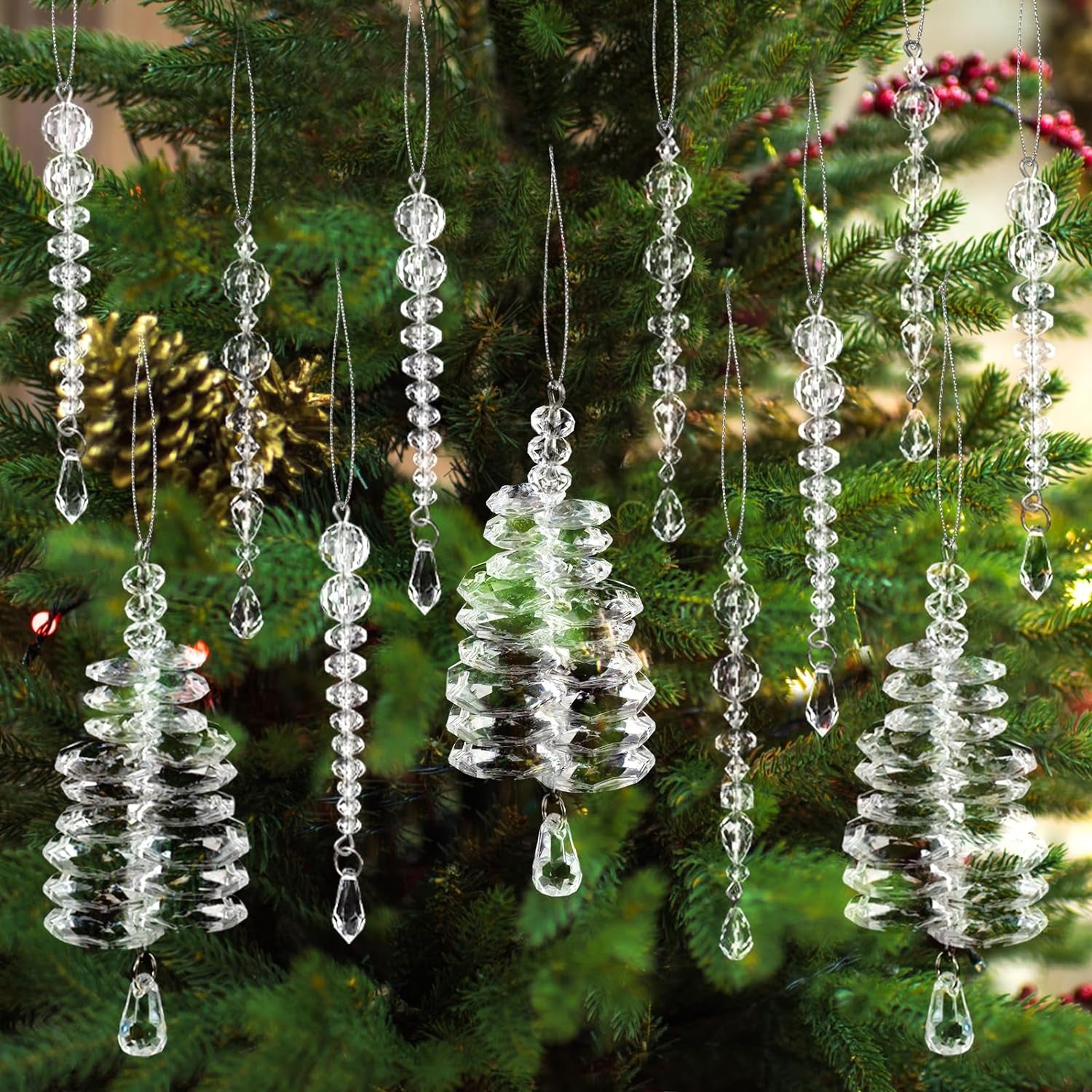 18Pcs Christmas Tree Decoration Crystal Ornaments - Hanging Acrylic Christmas Snowflake Icicle Drop Crystal Ornaments for Christmas Tree Winter New Year Party Supplies