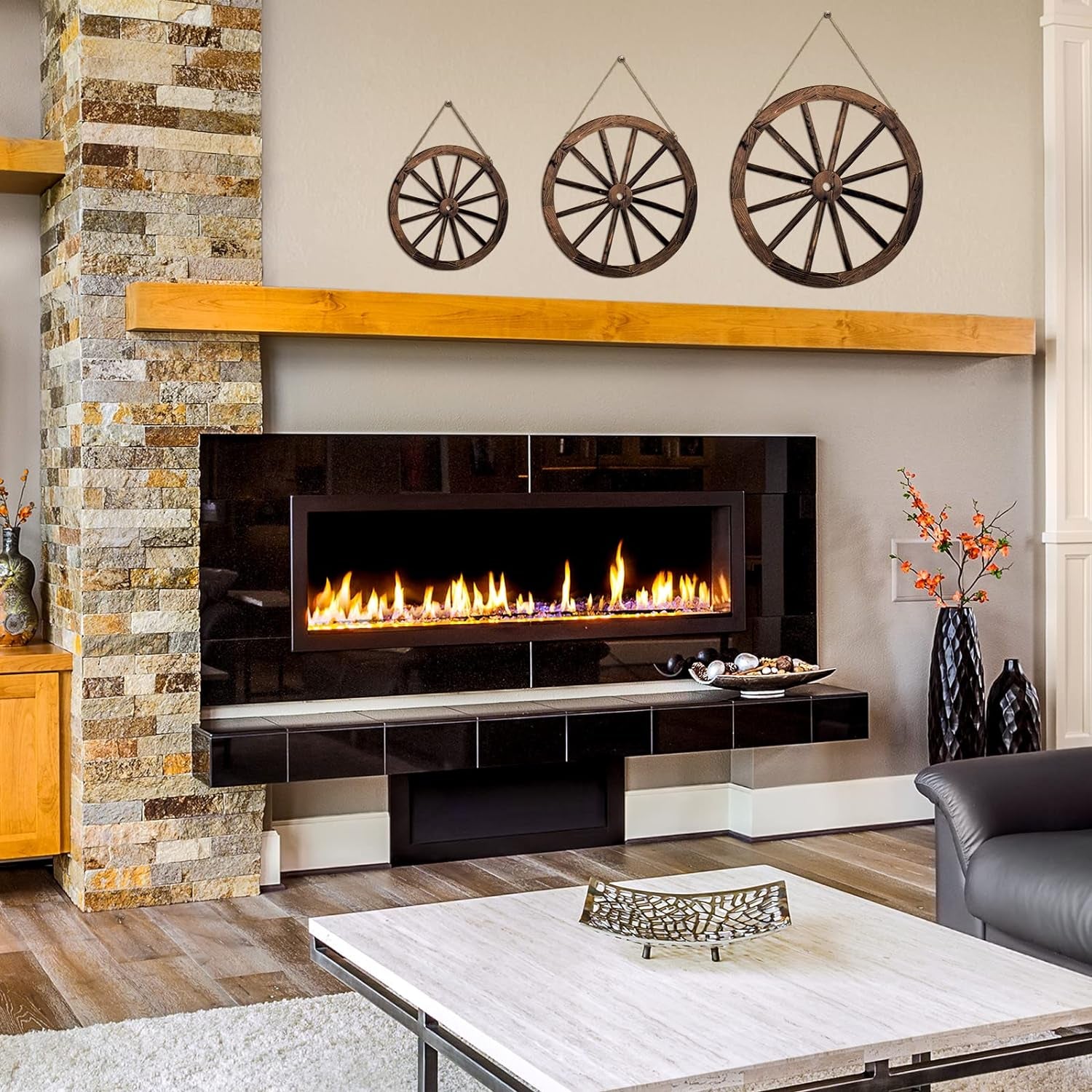 3 Pcs Wooden Wagon Wheel Decor 12/10/8 Inch Old Western Western Wall Decor Farmhouse Wagon Wheels Rustic Yard Wall Art Decor Hanging Decorative Wheels for Garden Home Bar Garage (Dark Brown)
