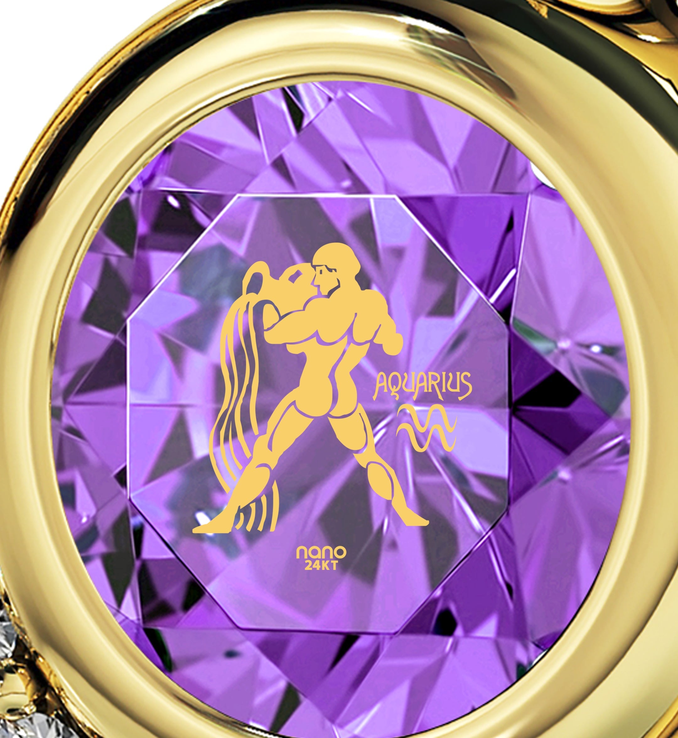 A decorative Gold Plated Silver Zodiac Heart Pendant Aquarius Necklace with a golden depiction of the water bearer, centered on a purple, Swarovski crystal background, encased in a gold frame.