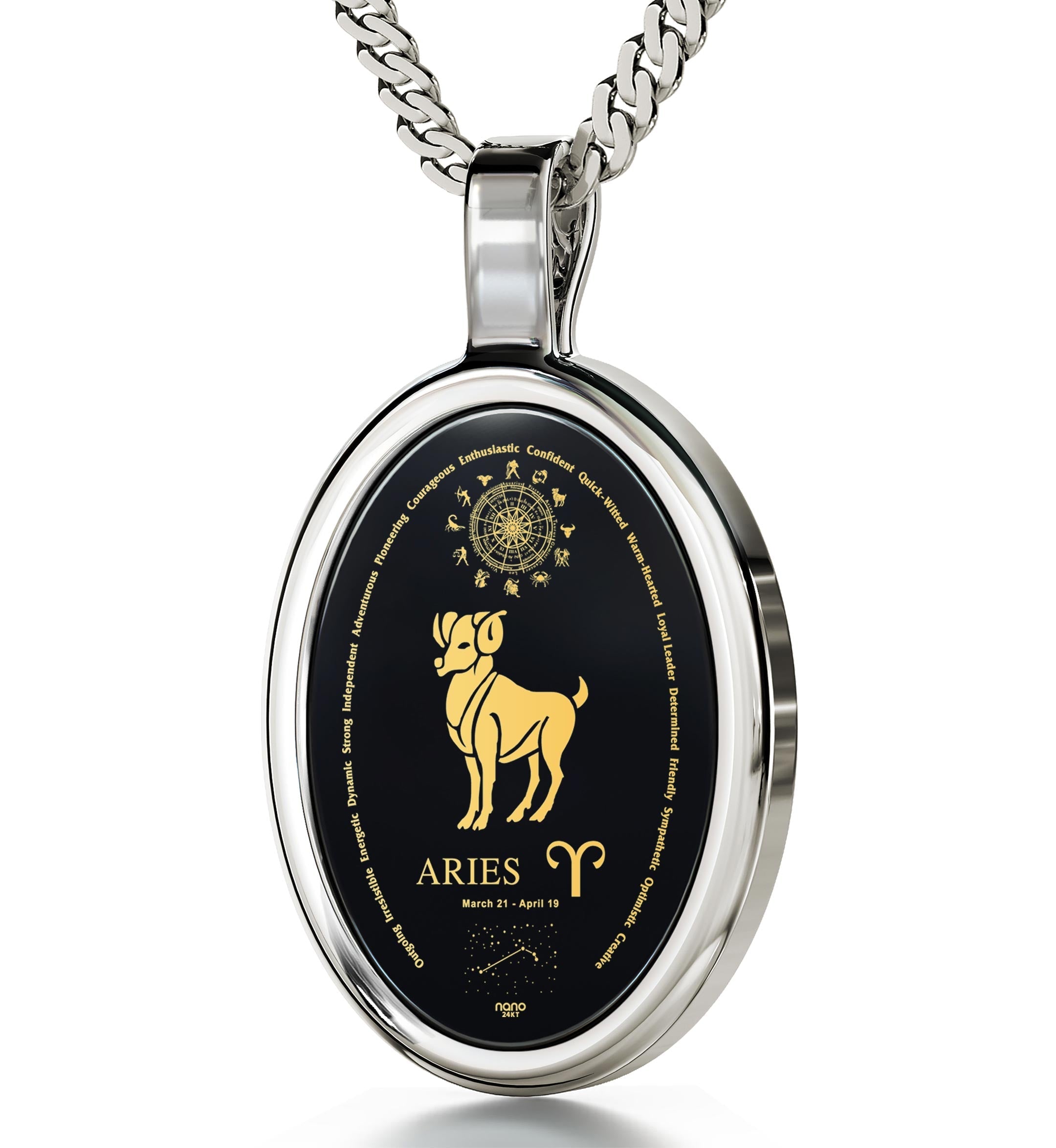 Round decorative pendant featuring the Aries Necklace Zodiac Pendant 24k Gold Inscribed on Onyx Stone with a golden ram, astrological symbol, and traits on a black onyx background surrounded by a silver frame.