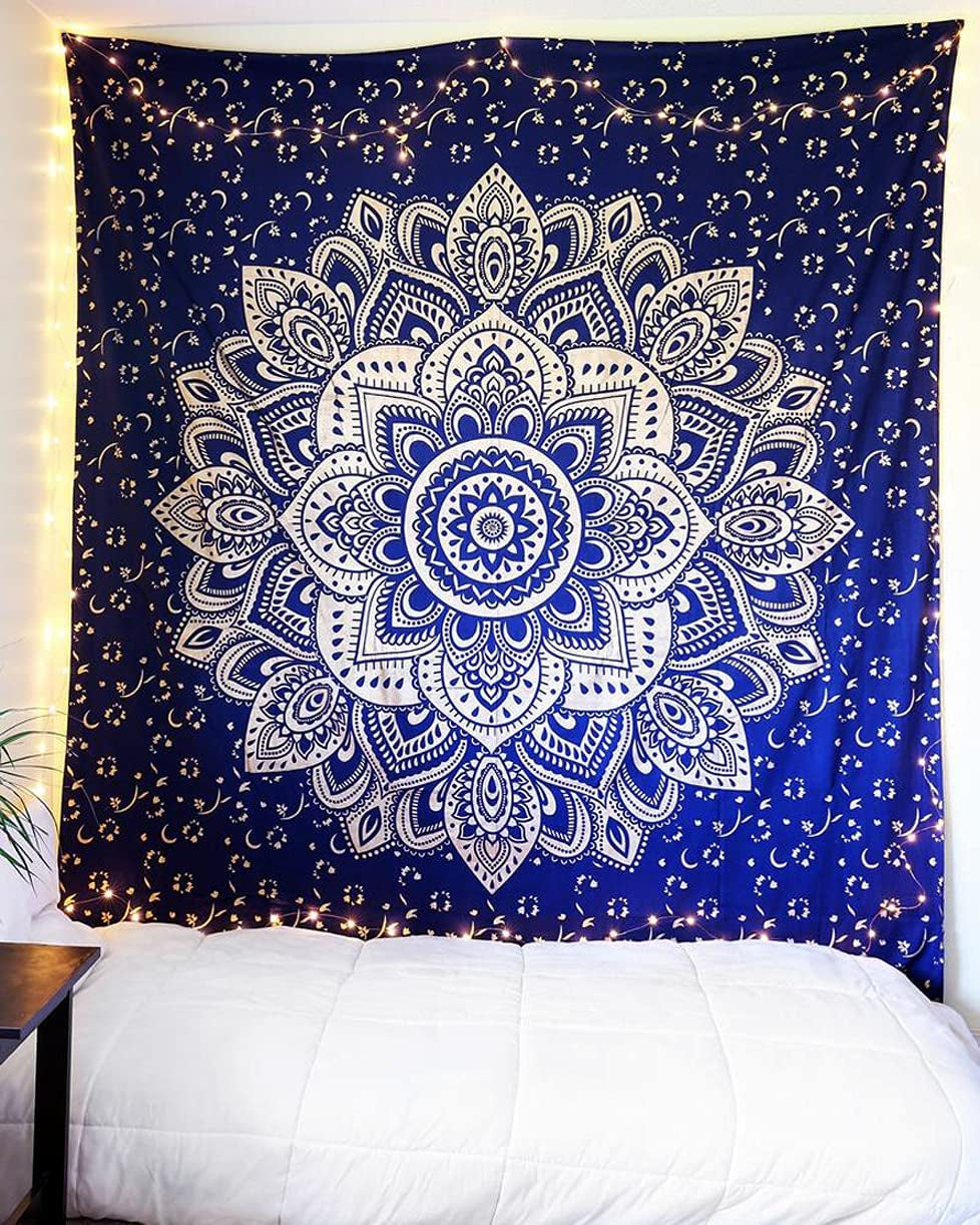 Top Selling Original Gold Mandala Ombre Tapestry Wall Hanging, Boho Bohemian Hippie Tapestries/Indian Cotton Dorm Decor Golden Twin Bedspread/Meditation Yoga Mat Rug 52X60 Inches