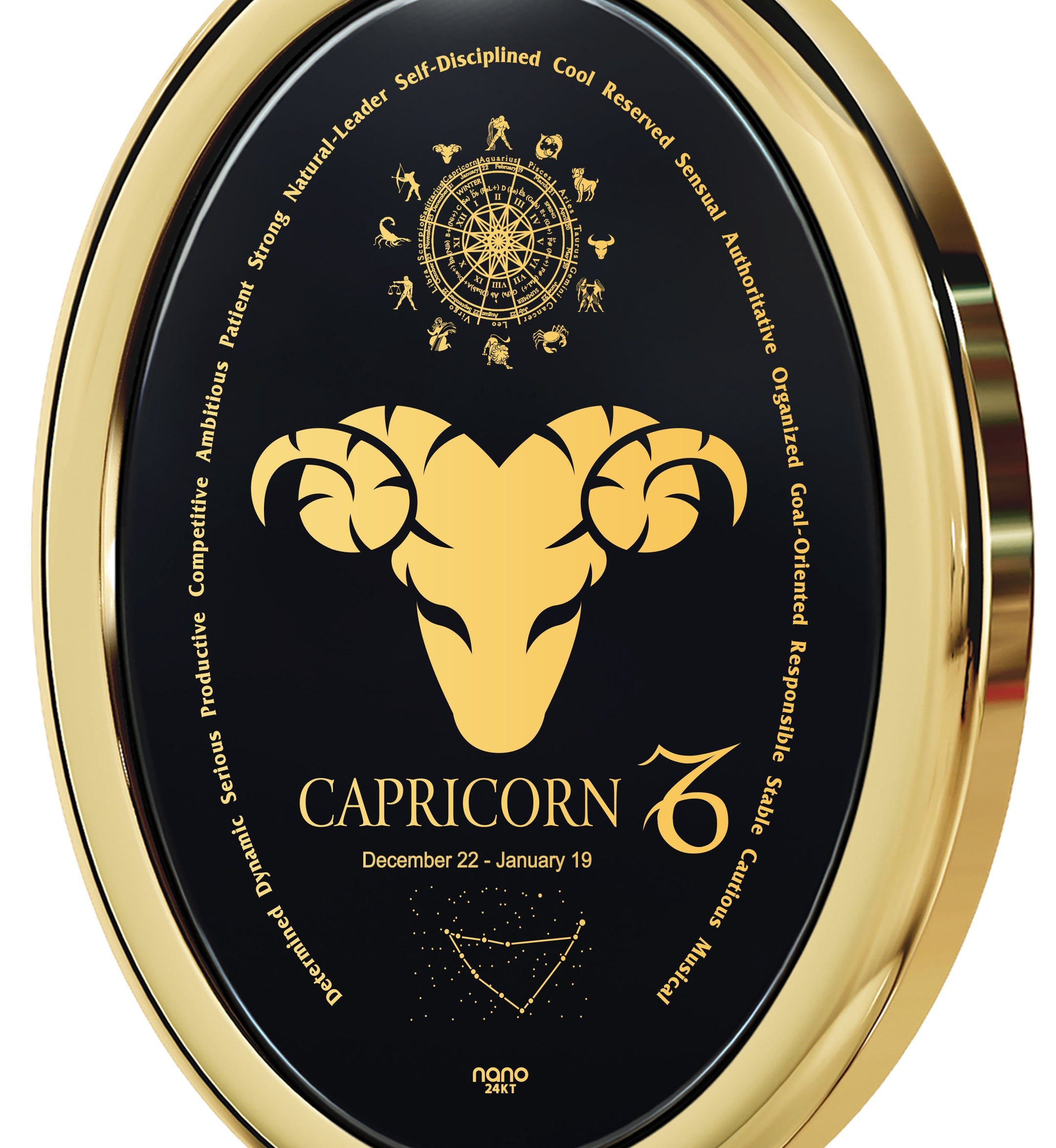 Round, gold and black Capricorn Necklace Zodiac Pendant 24k Gold Inscribed on Onyx Stone with date range and descriptive words around the perimeter.